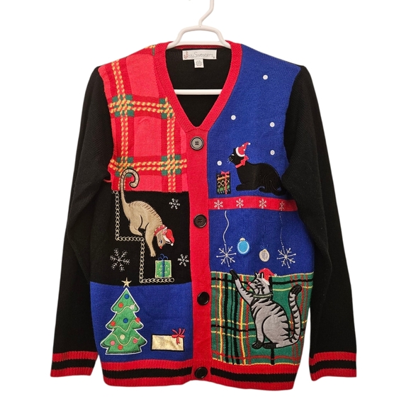 Christmas cat sweater pull-over with faux front buttons - Picture 1 of 11